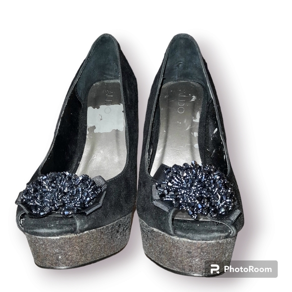 WOMENS ALDO BRAND HIGH HEEL OPEN TOE  POM POM SEQUIN SHOES - Picture 2 of 10